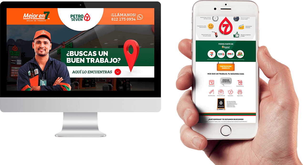Landing page de reclutamiento Petro Seven en computadora y celular